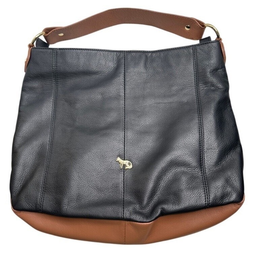Emma Fox Black Leather Hobo Bag Tri-Color Buckle Pockets Floral Lining Large - Picture 2 of 8
